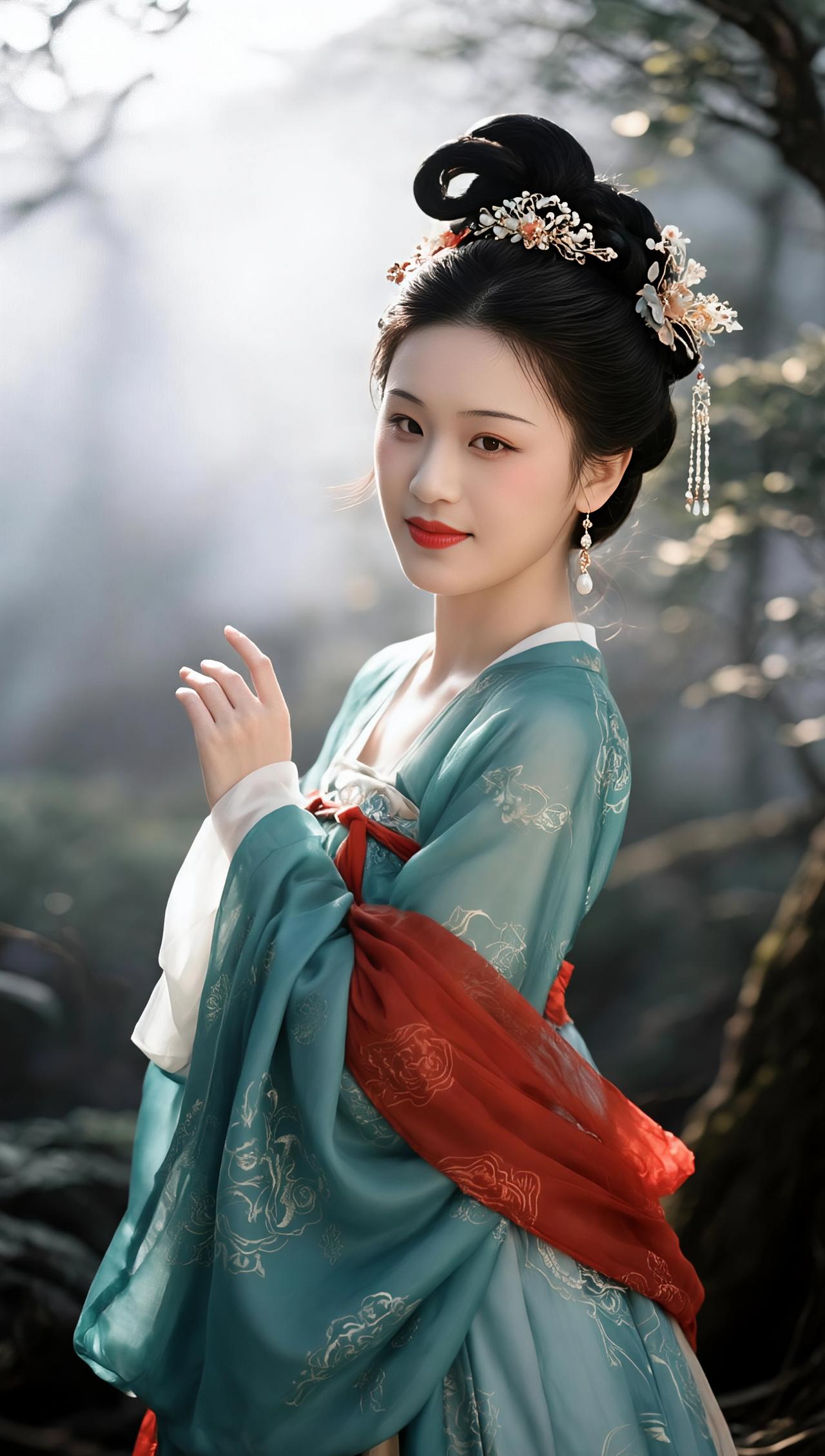 林光初透晓烟轻，翠袂红绦立晓晴。
云鬓簪花凝露色，春山横黛带柔情。
微抬素手惊鸿