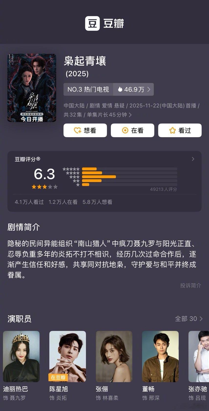 迪丽热巴、陈星旭《枭起青壤》豆瓣开分6.3分 