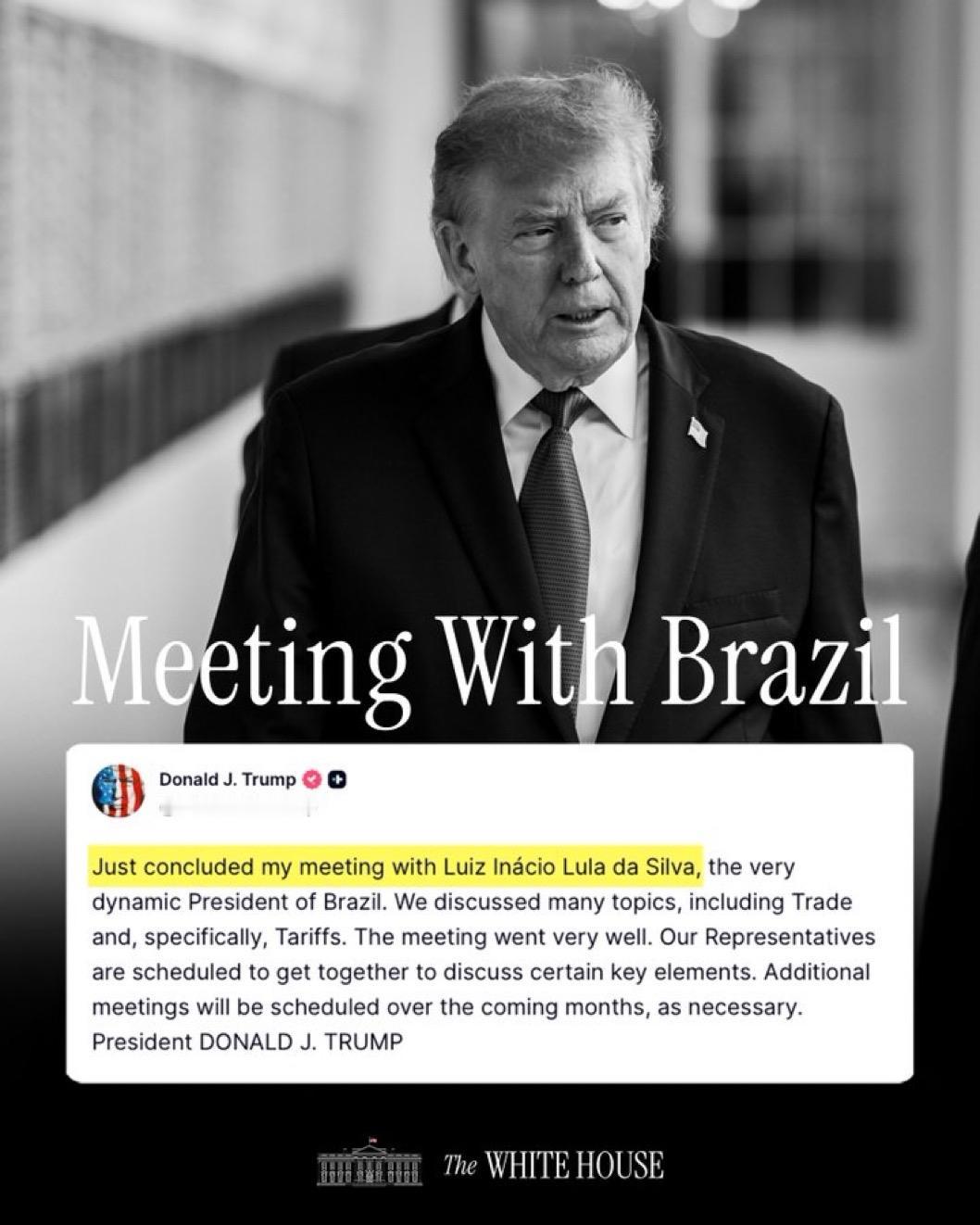 唐纳德·J·特朗普总统在与巴西总统路易斯·伊纳西奥·卢拉·达席尔瓦会晤后，在Tr