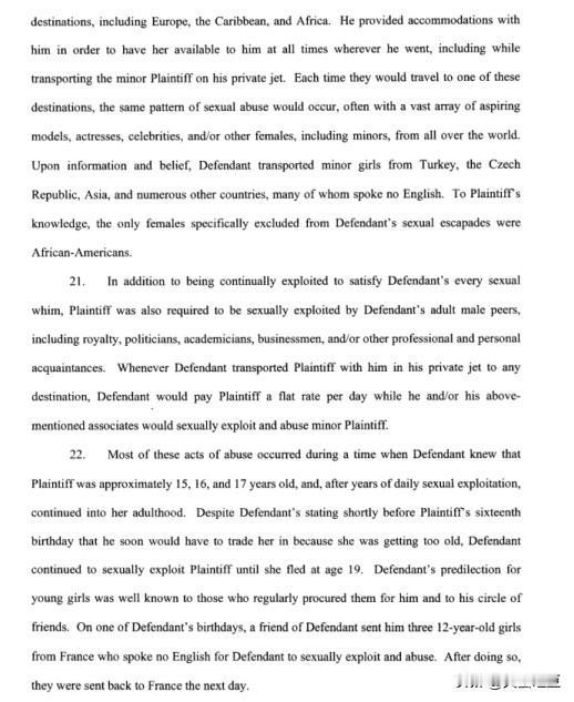 爱泼斯坦从世界各地绑架未成年人，从土耳其、捷克，亚洲和其他国家绑架未成年女孩，其