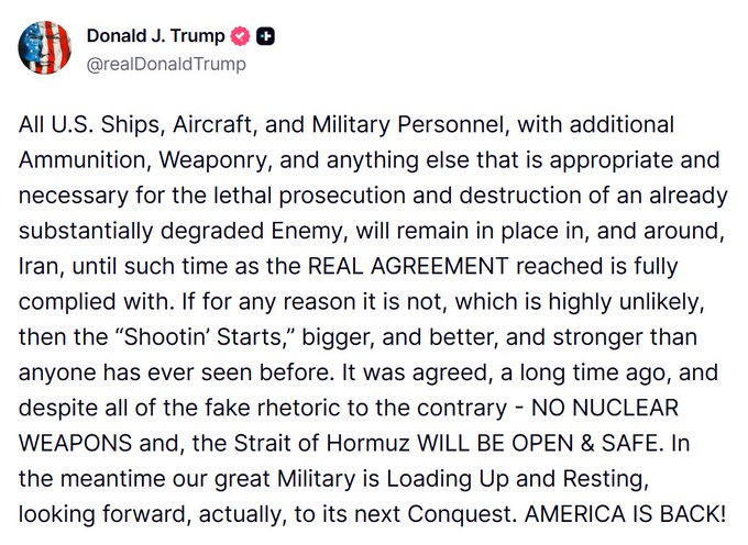 刚刚 - 特朗普要求伊朗开始遵守“真正的”停火协议，否则“开火就开始了”，并补充