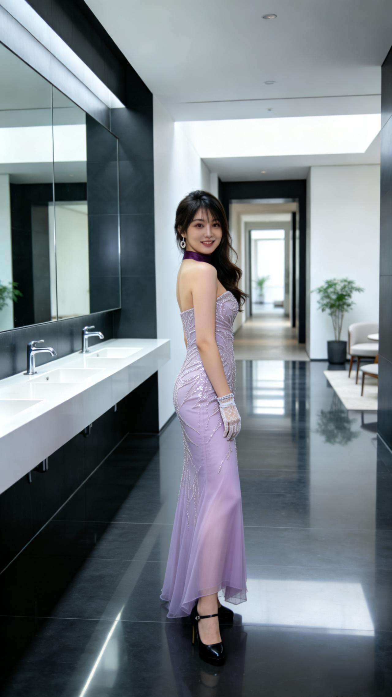 淡紫色亮片抹胸鱼尾礼服，
勾勒出曼妙身姿，
外搭一件垂坠感十足的深紫色缎面长披风