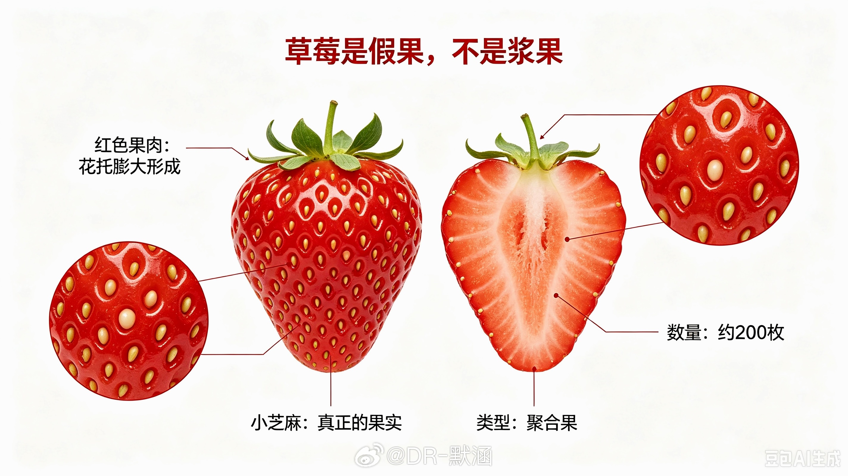 我们吃的草莓果肉，其实是它的花托膨大形成的（植物学上叫“假果”），表面上那些密密
