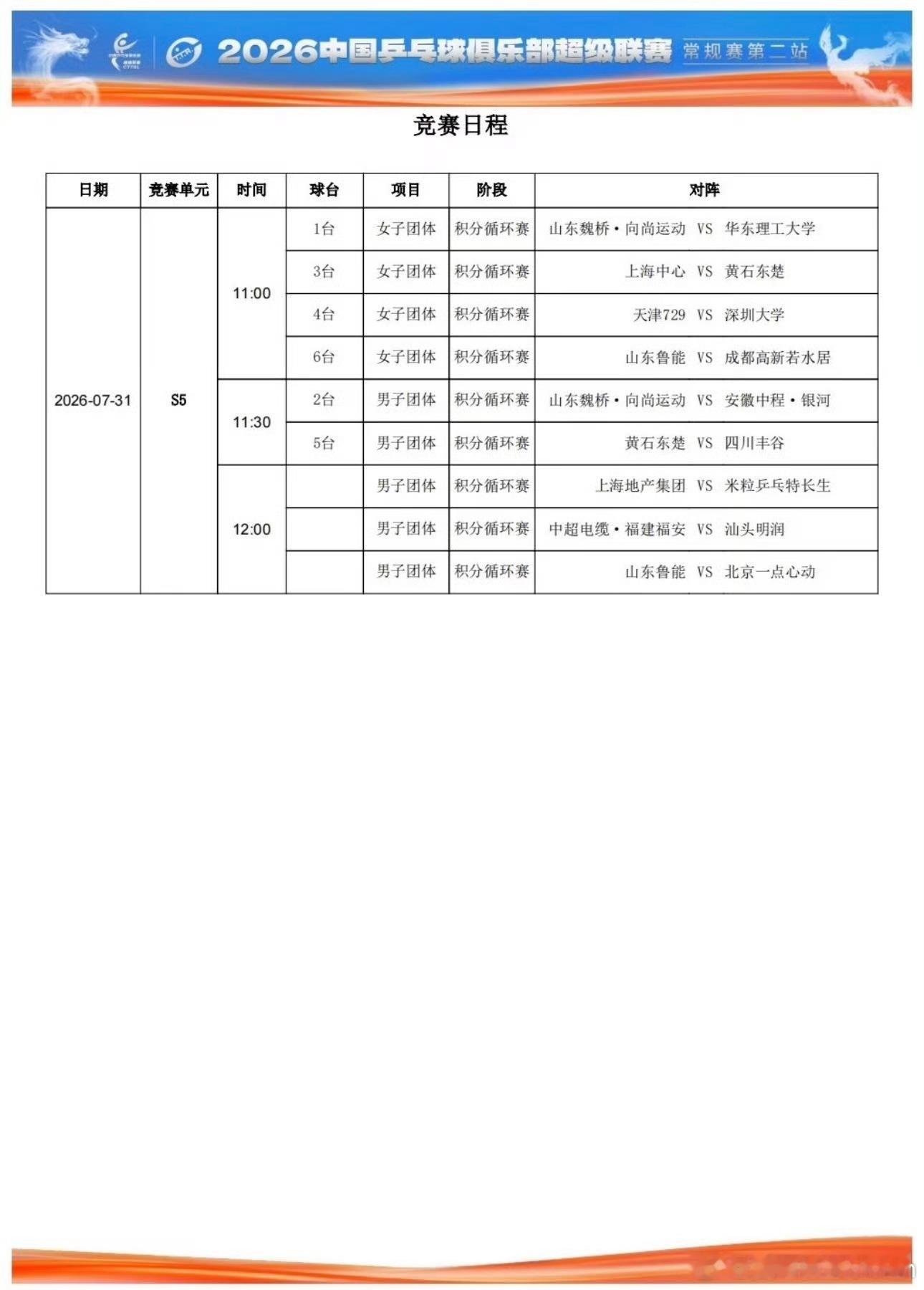 2026赛季中国乒乓球俱乐部超级联赛积分循环赛，7月31日上午场比赛赛程11:0