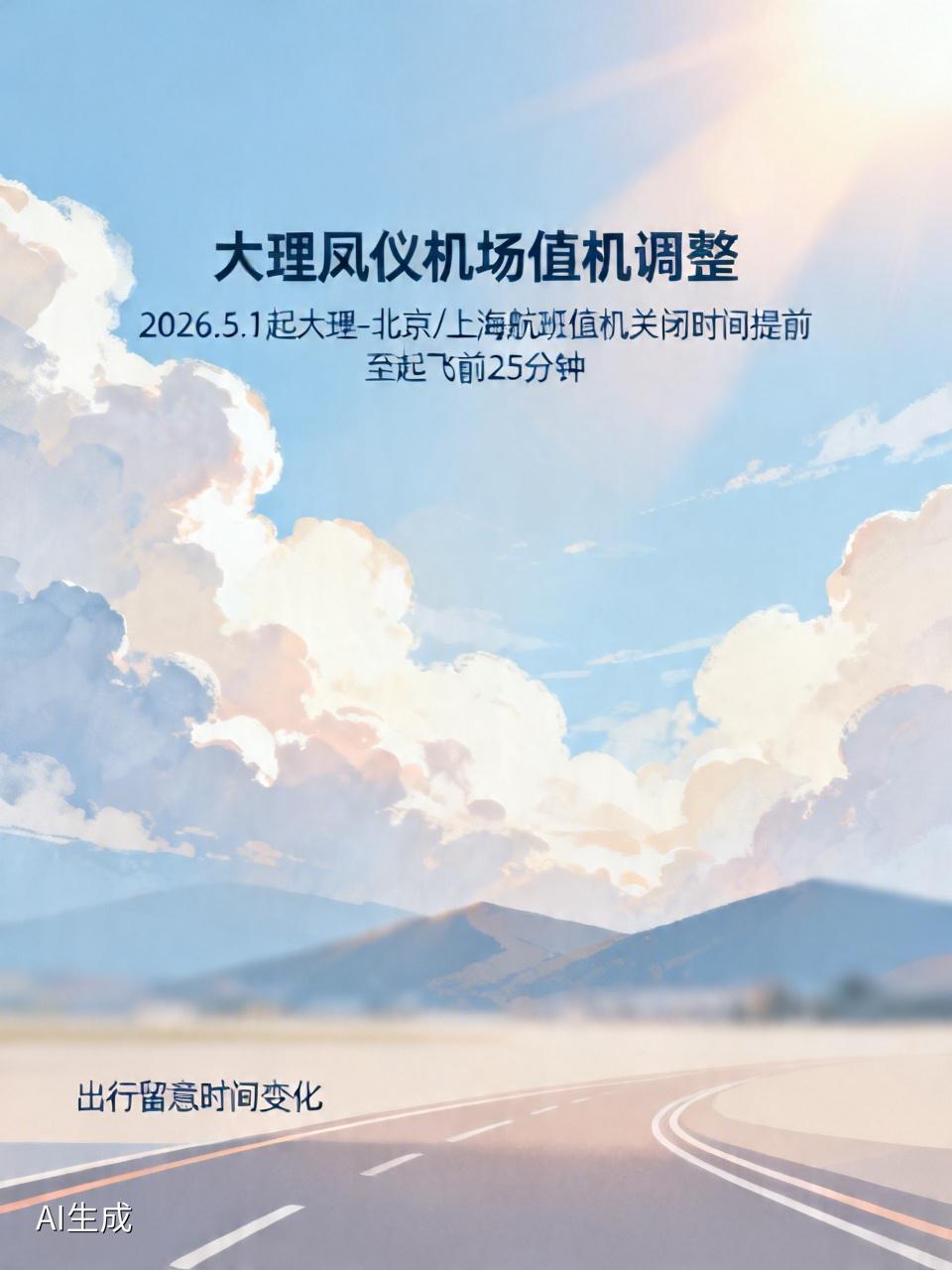 家人们注意啦！自2026年5月1日零时起，大理凤仪机场的大理 - 北京、大理 -