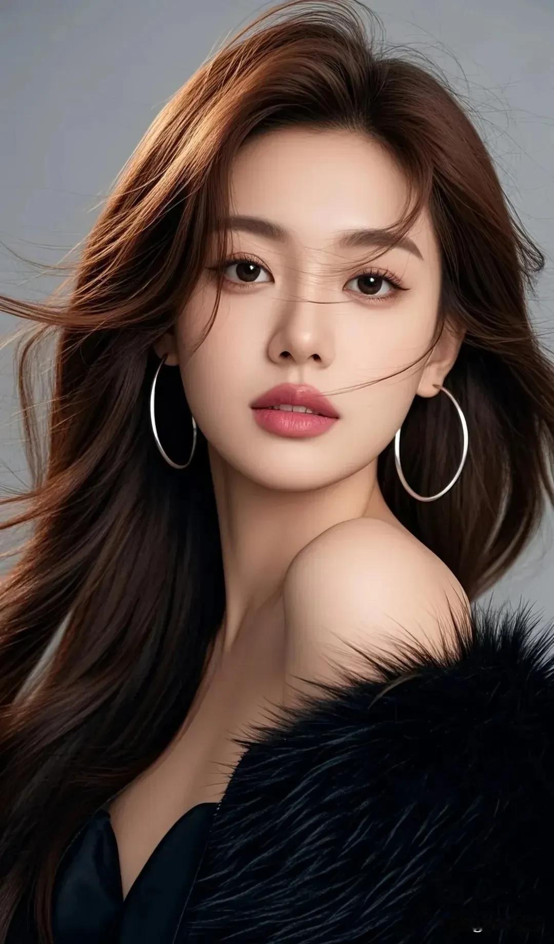 卷发烫着暖棕光泽，大圈耳坠衬出清冷气场，黑裘披肩添上几分慵懒华贵，眼波流转间，是