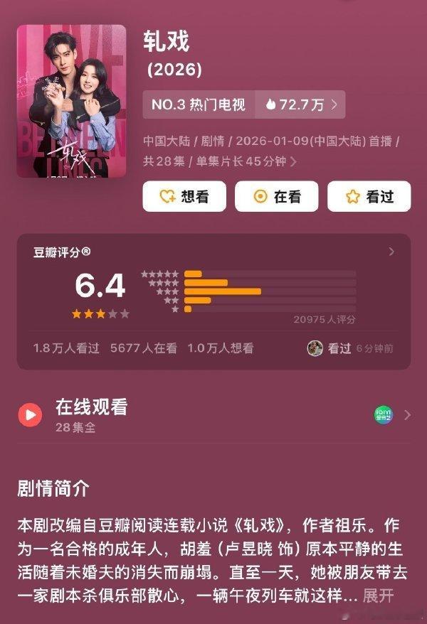 轧戏开分 6.4，陈星旭卢昱晓为角色做出的表演准备，让二人的表现成为剧集评分中较