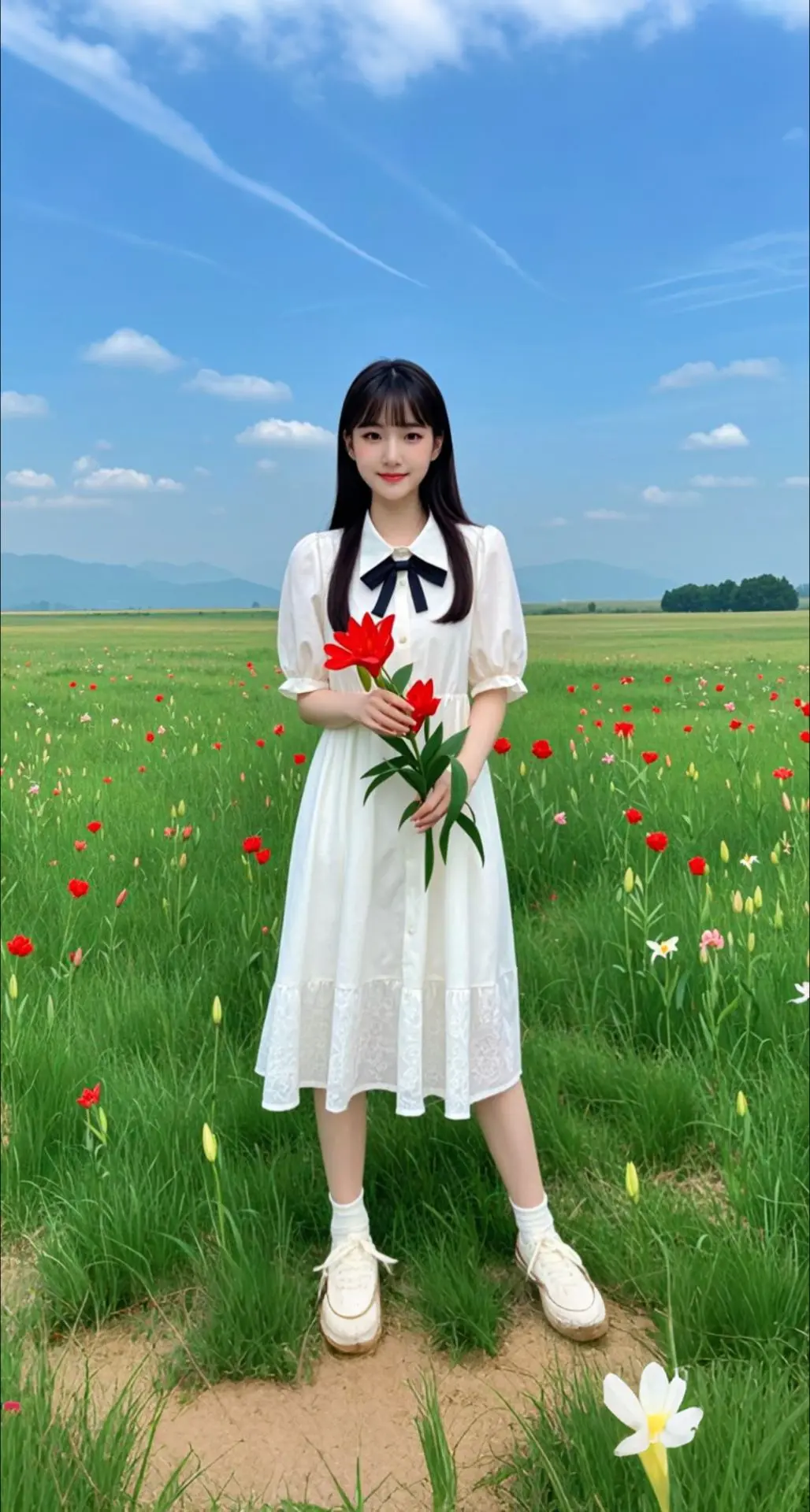 AI扩图 AI草地百合少女