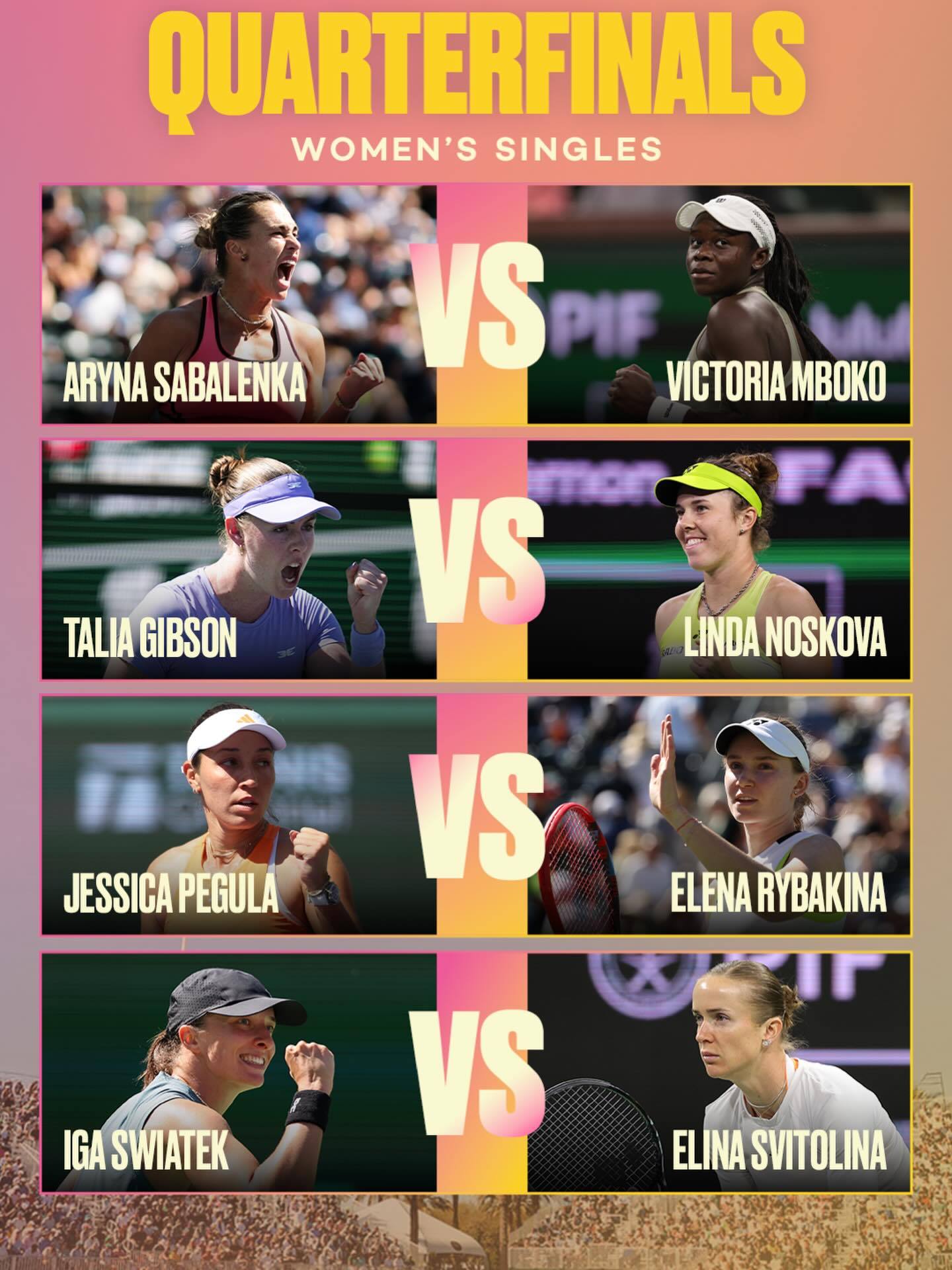 #印第安维尔斯女单8强阵容# 印第安维尔斯站女单第四轮，卡塔尔退赛，3号种子莱巴