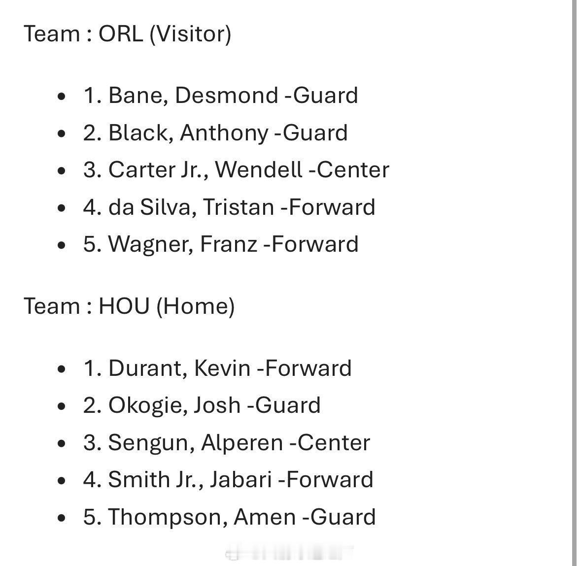 今日份完整两队首发，魔术这边首发：席尔瓦、小瓦格纳、卡特、贝恩、布莱克