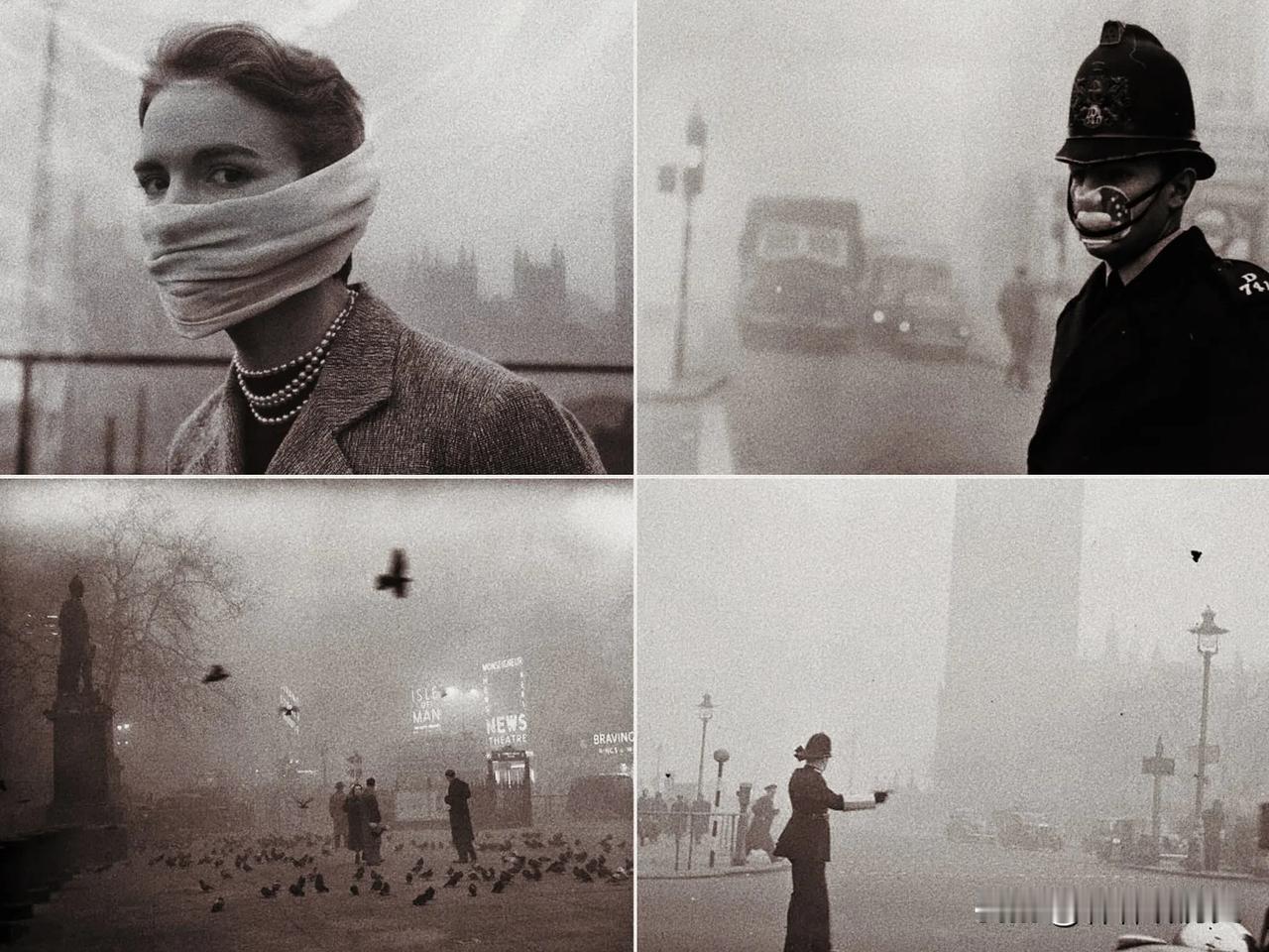 下图中的是1952年12月“伦敦大雾事件”时伦敦城市的情景，市民出行不得不戴上口