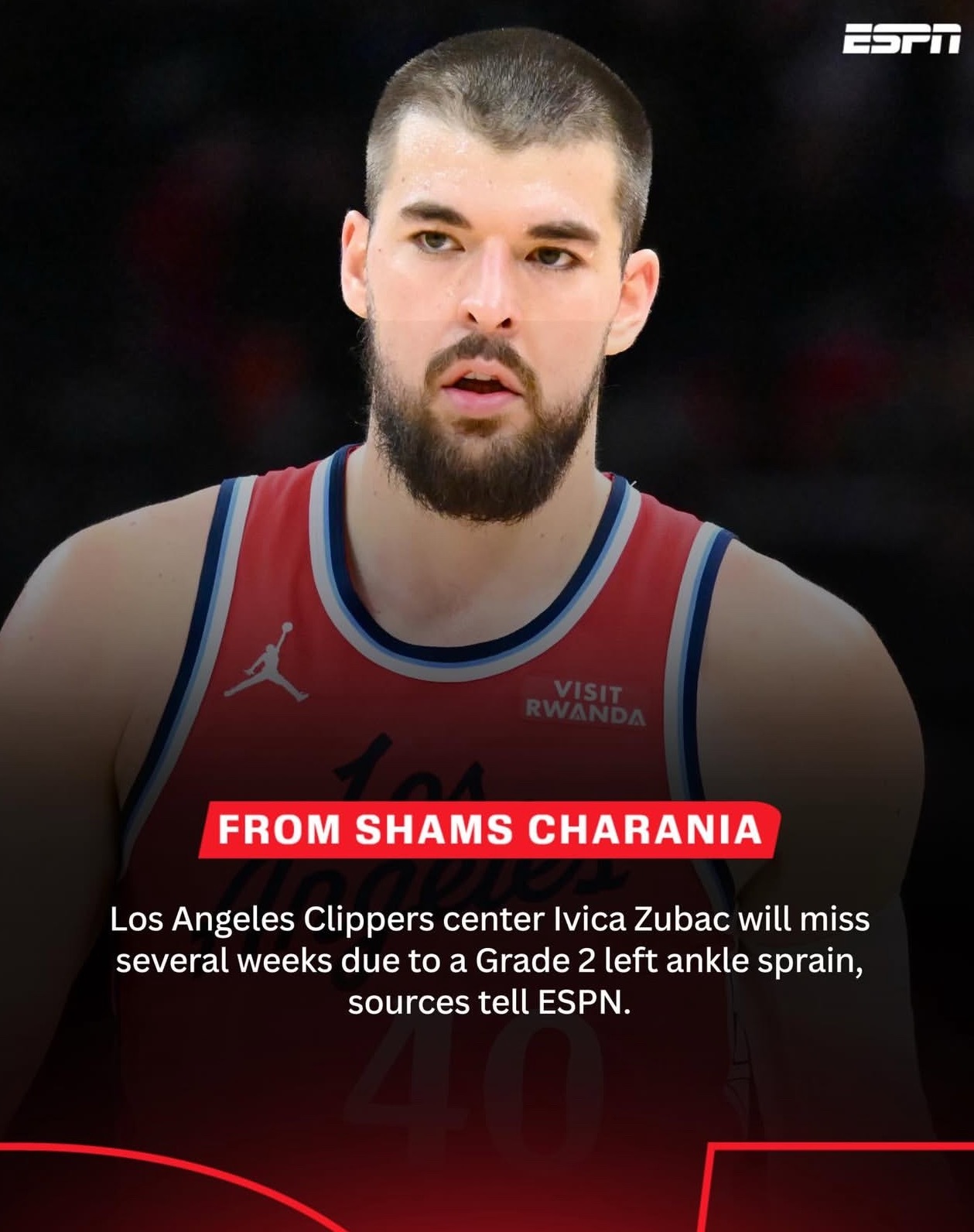 踩到詹姆斯崴脚！据Shams报道，祖巴茨遭遇左脚踝2级扭伤，将伤缺数周时间！ 