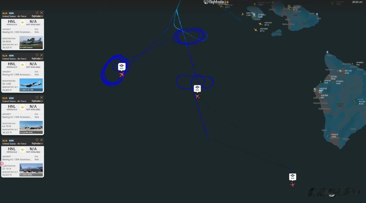 根据 F24 数据，夏威夷上空多架美军 KC-135R 加油机正在飞行。现在。