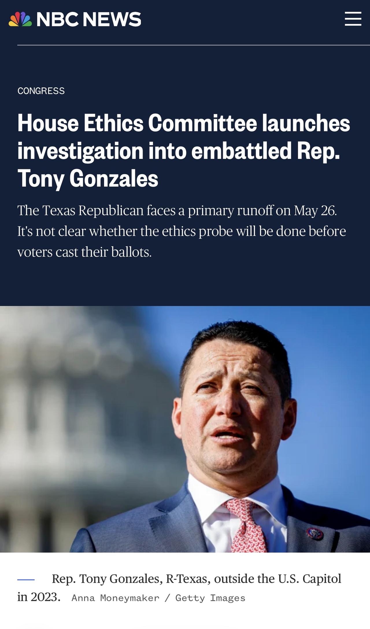 美国众议院道德委员会表示，将对得州众议员托尼·冈萨雷斯展开调查，他被指控与一名工