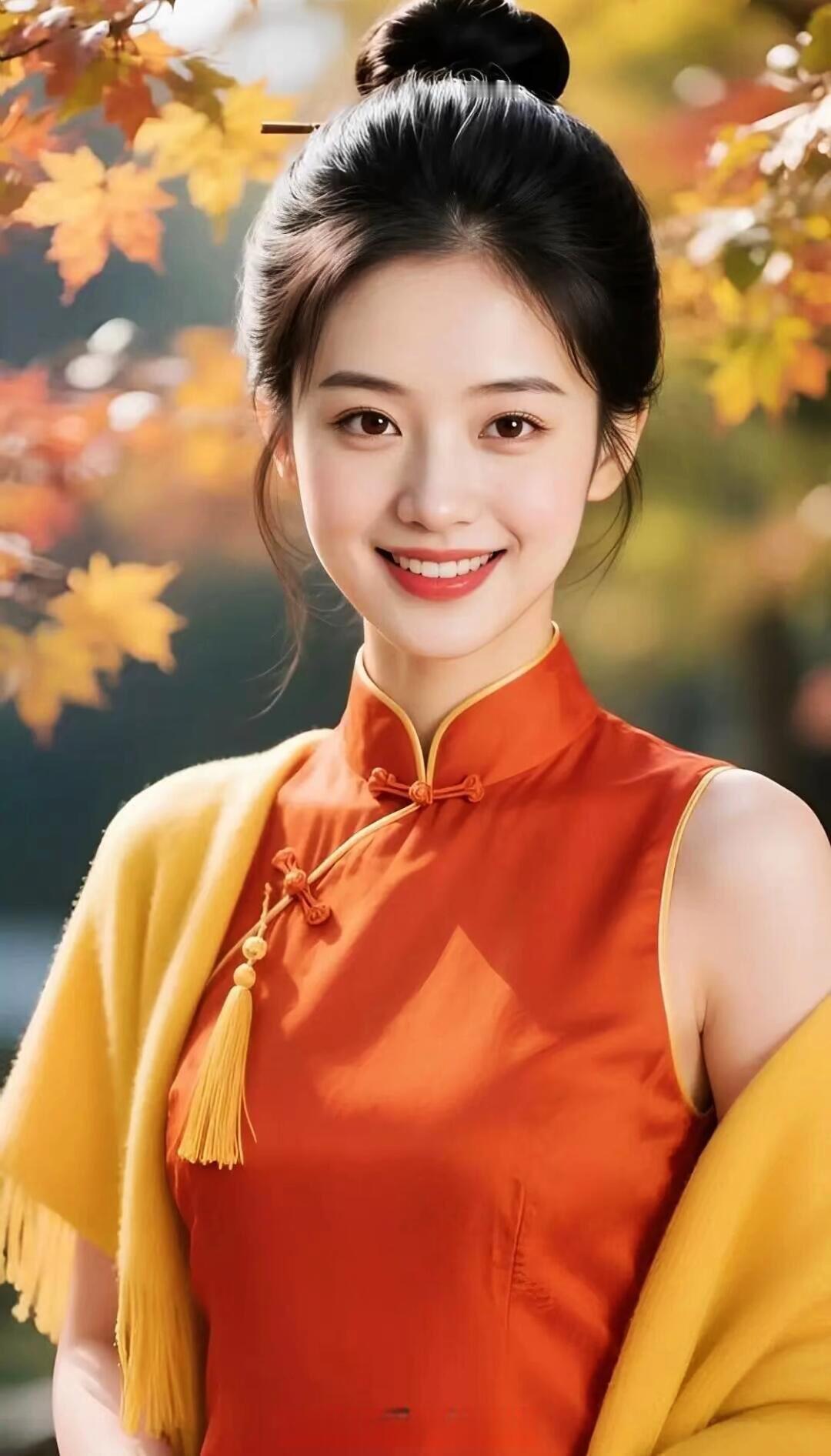 秋日暖阳下，古典美人笑靥如花