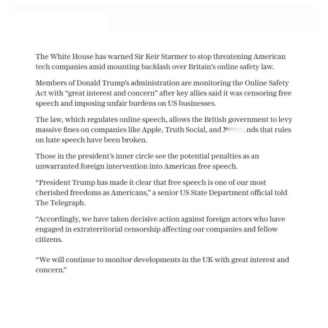 🚨🇺🇸🇬🇧特朗普就审查法警告斯塔默——“远离美国科技，否则后果自负”