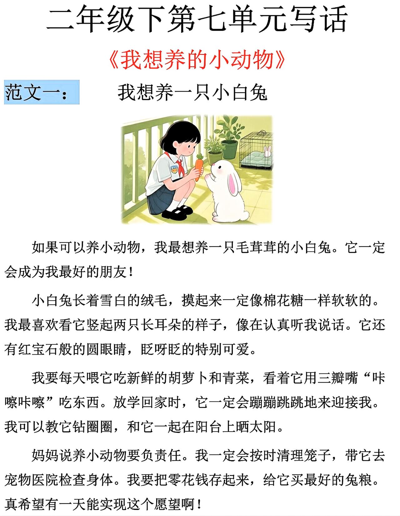 二年级下册语文，第七单元写话《我想养的小动物》精选范文4篇，收藏备用