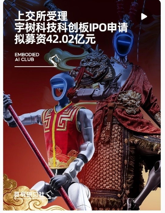 宇树人形机器人出货全球第一人形机器人出货量5500台，同时拟募资42.02亿元冲