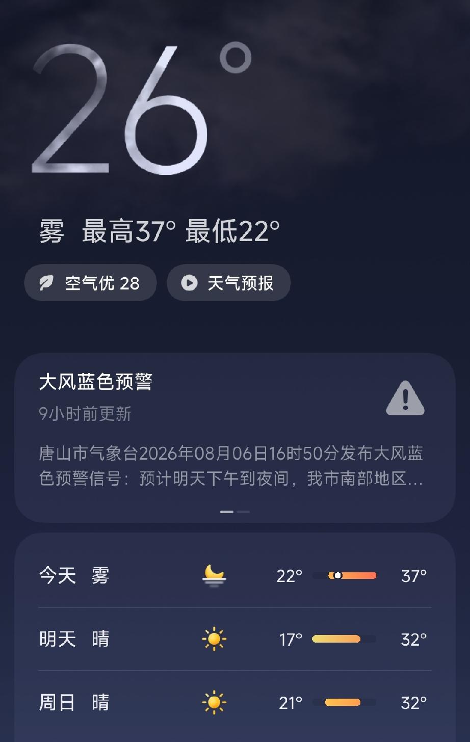 我所在的唐山的天气显示：雾，空气质量优，温度：22℃到37℃。白天的最高温度37