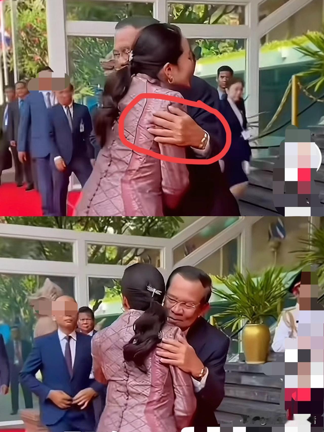 瞧，这零距离的拥抱，如父亲搂女儿入怀！也让佩通坦拆除了对洪森的心理边界？

果然