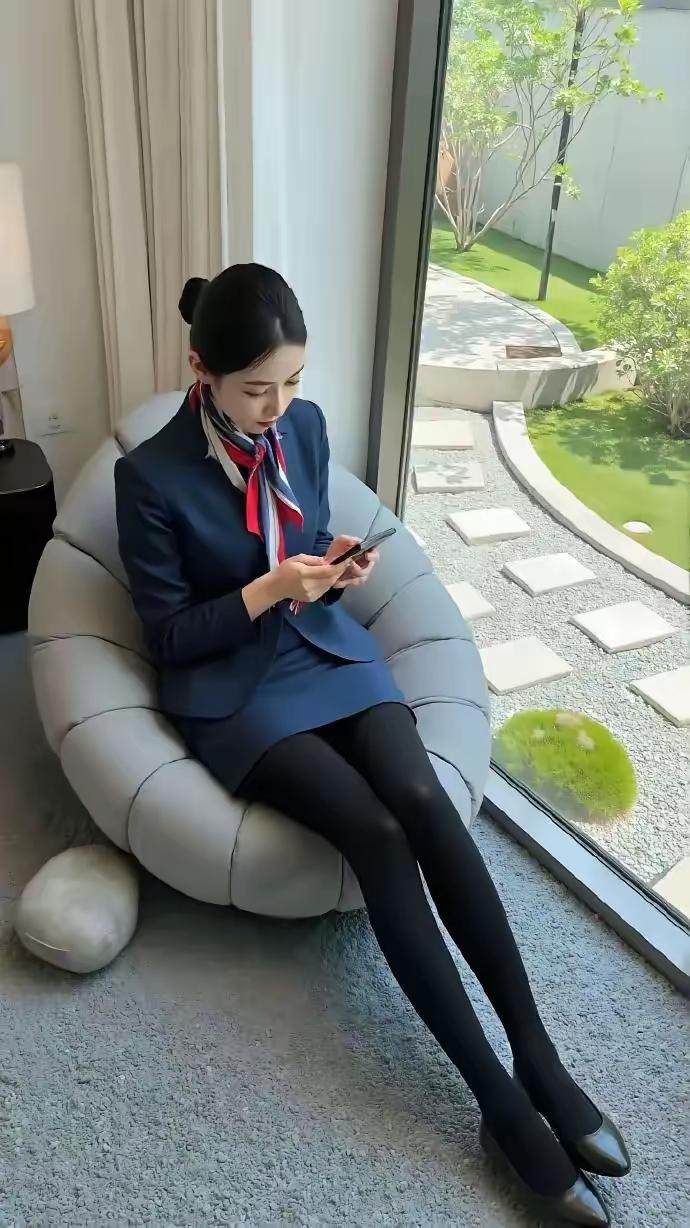 空姐在窗边看手机，风景不错。