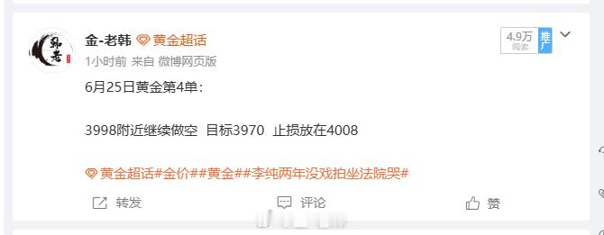 6月25日黄金第4单总结：90点止盈离场  3998 附近顺势进场做空，行情回落