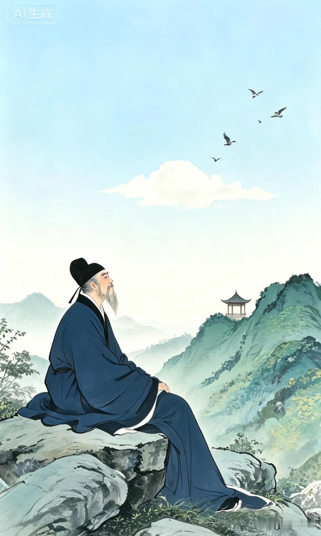 《观千江月，饮万古寂；拈一朵花，笑十方尘》

独坐千峰顶，天涯望断时。
真言起空