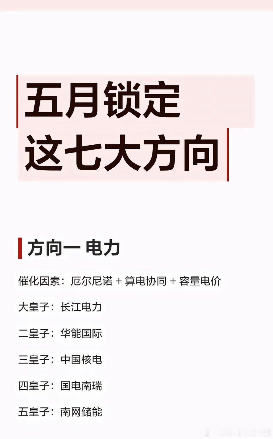 五月锁定这七大方向方向一 电力催化因素：厄尔尼诺 + 算电协同 + 容量电价大皇