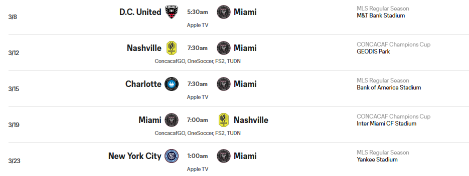 【迈阿密国际3月份赛事一览】*以下均为北京时间1️⃣美职联第三轮📅2026/0