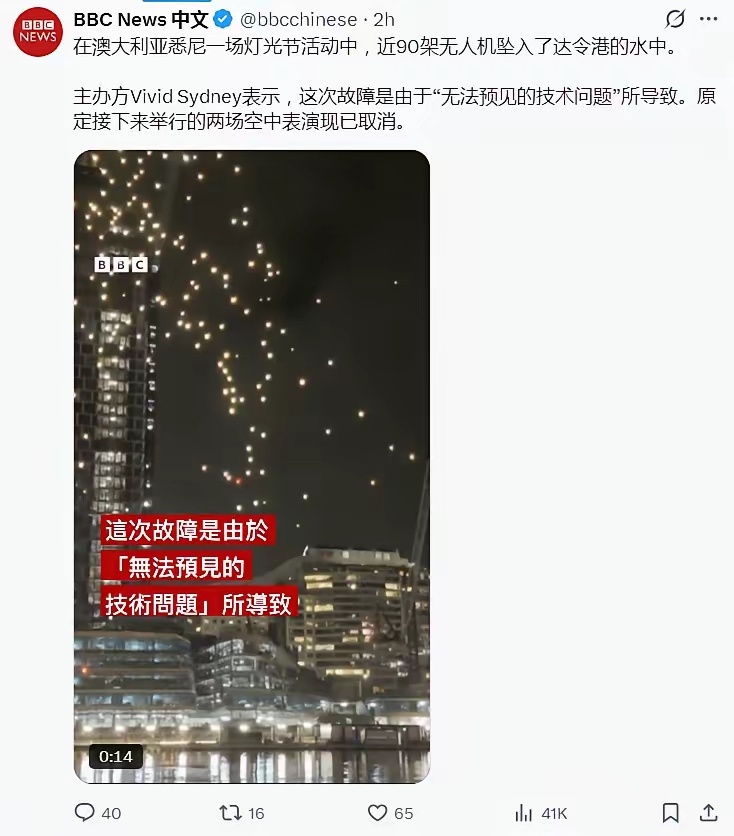 据BBC News中文网报道：在澳大利亚悉尼一场灯光节活动中，近90架无人机坠入