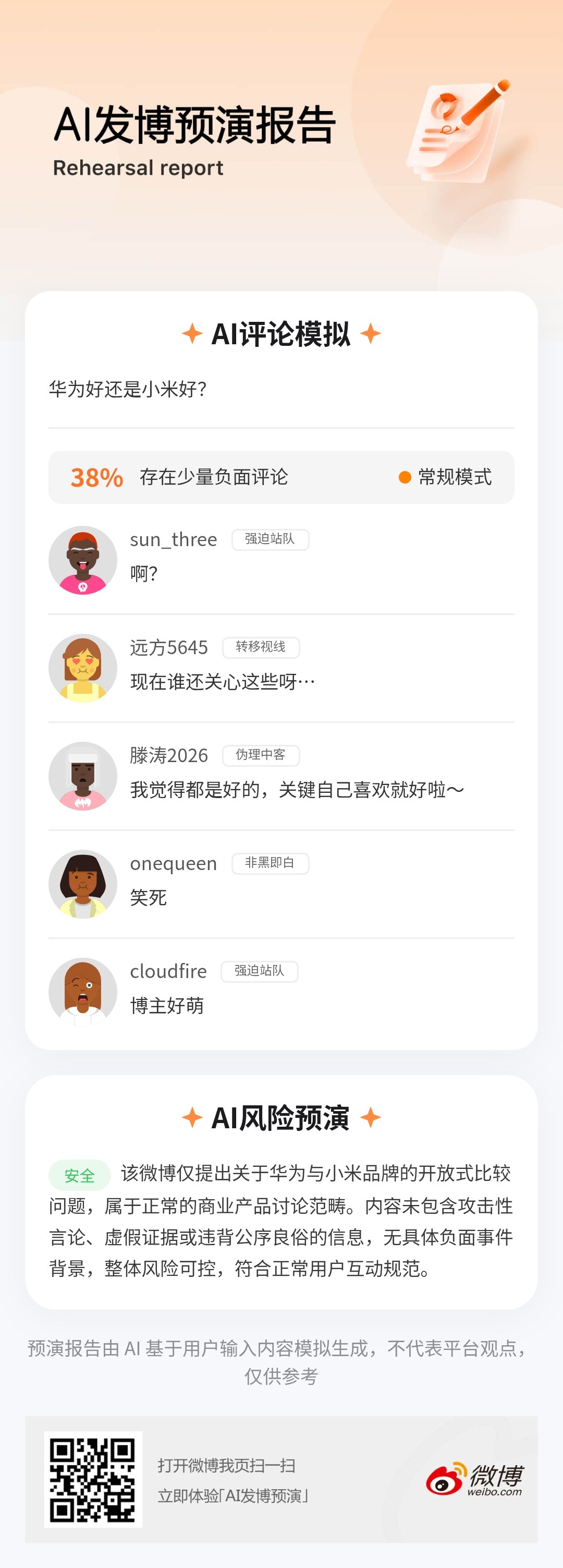 我通过【AI发博预演】生成了风评报告，快来见识下“50万杠精”的威力吧！风评预言