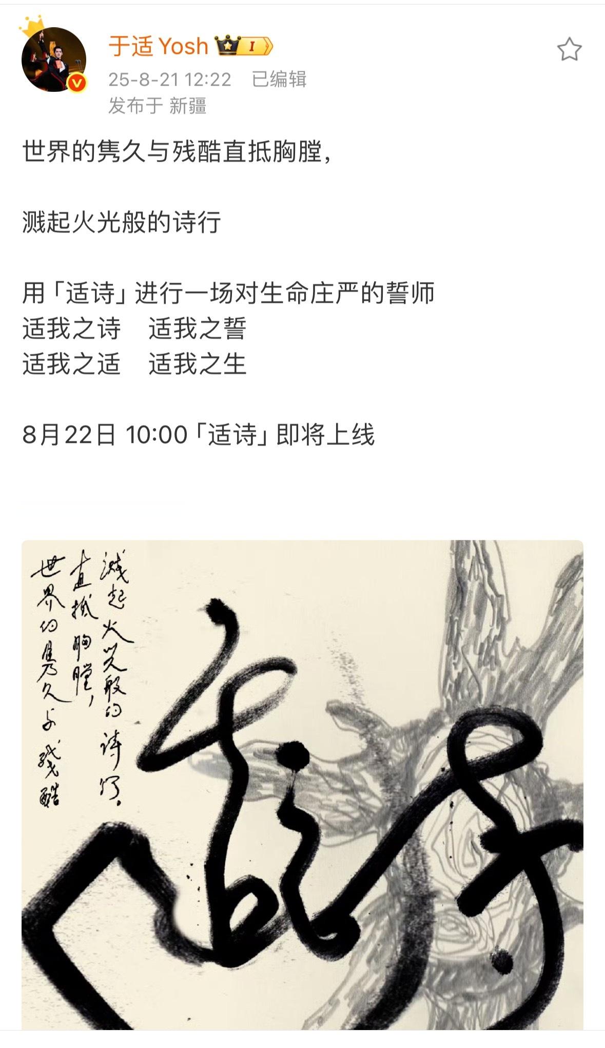于适新专辑《适诗》，明天将正式发行。看上去非常的文艺[思考] ​​​