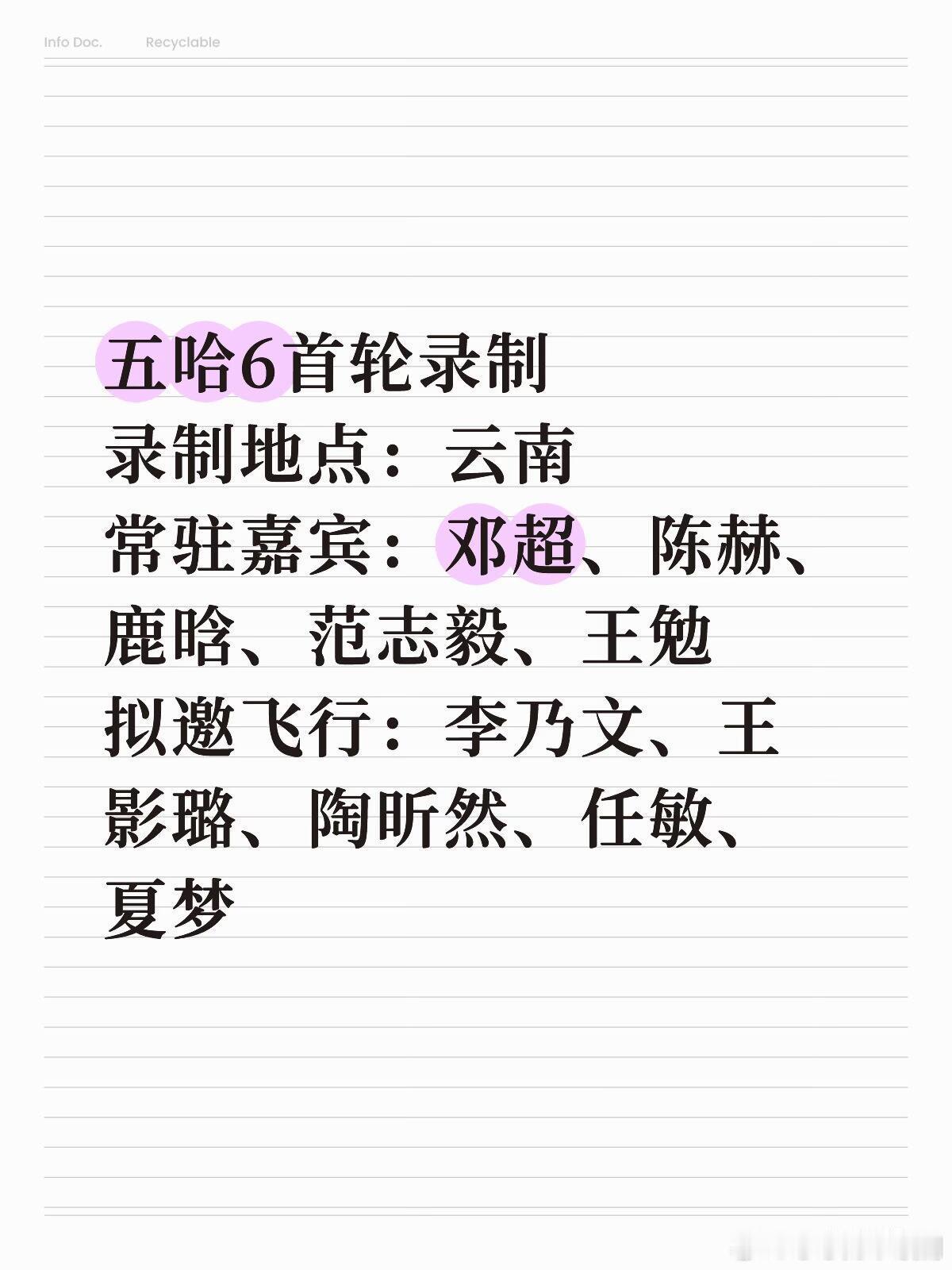 五哈6首轮录制录制地点：云南常驻嘉宾：邓超、陈赫、鹿晗、范志毅、王勉拟邀飞行：李