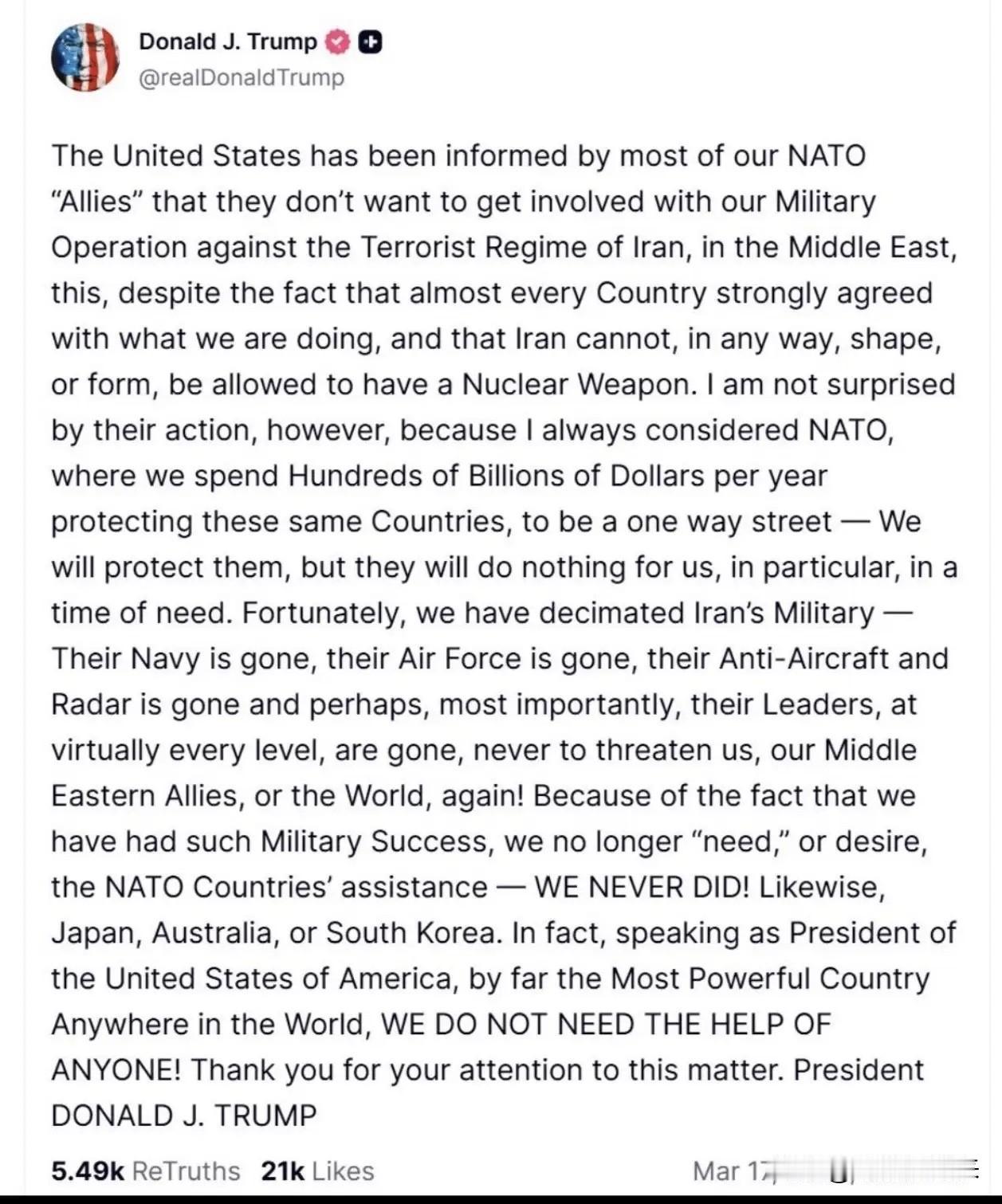 这是分手信吗？
特朗普还是发社媒了，

外界认为他是心里憋不住话的人，有啥就喜欢