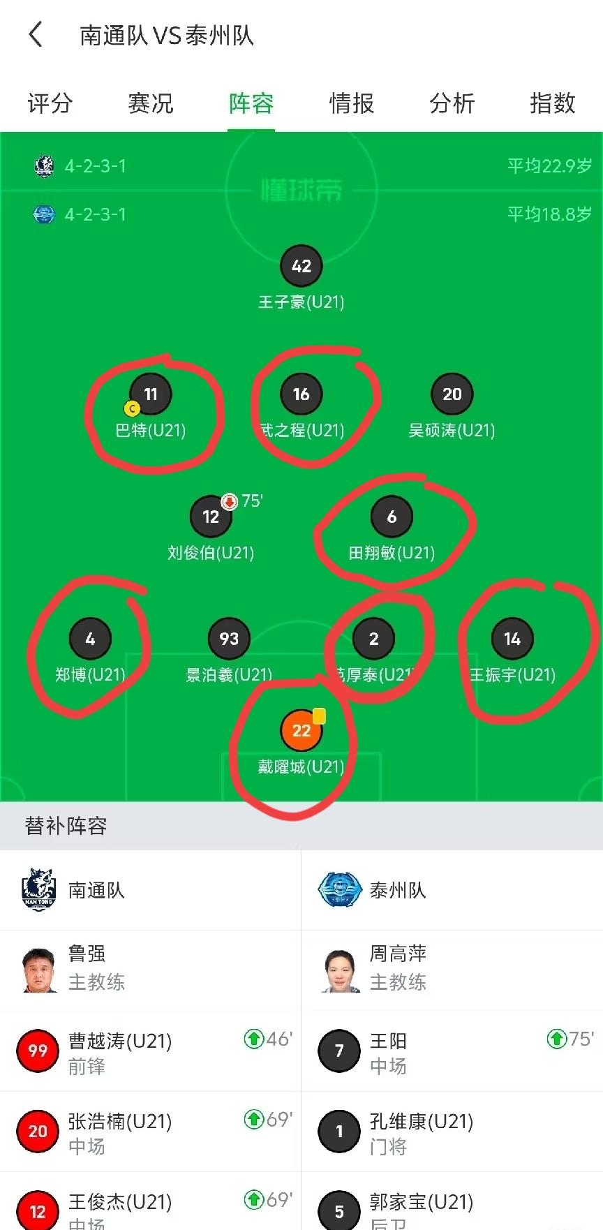 泰州打南通两场比赛:常规赛和总决赛的阵容对比:
常规赛第三轮，泰州vs南通这场比