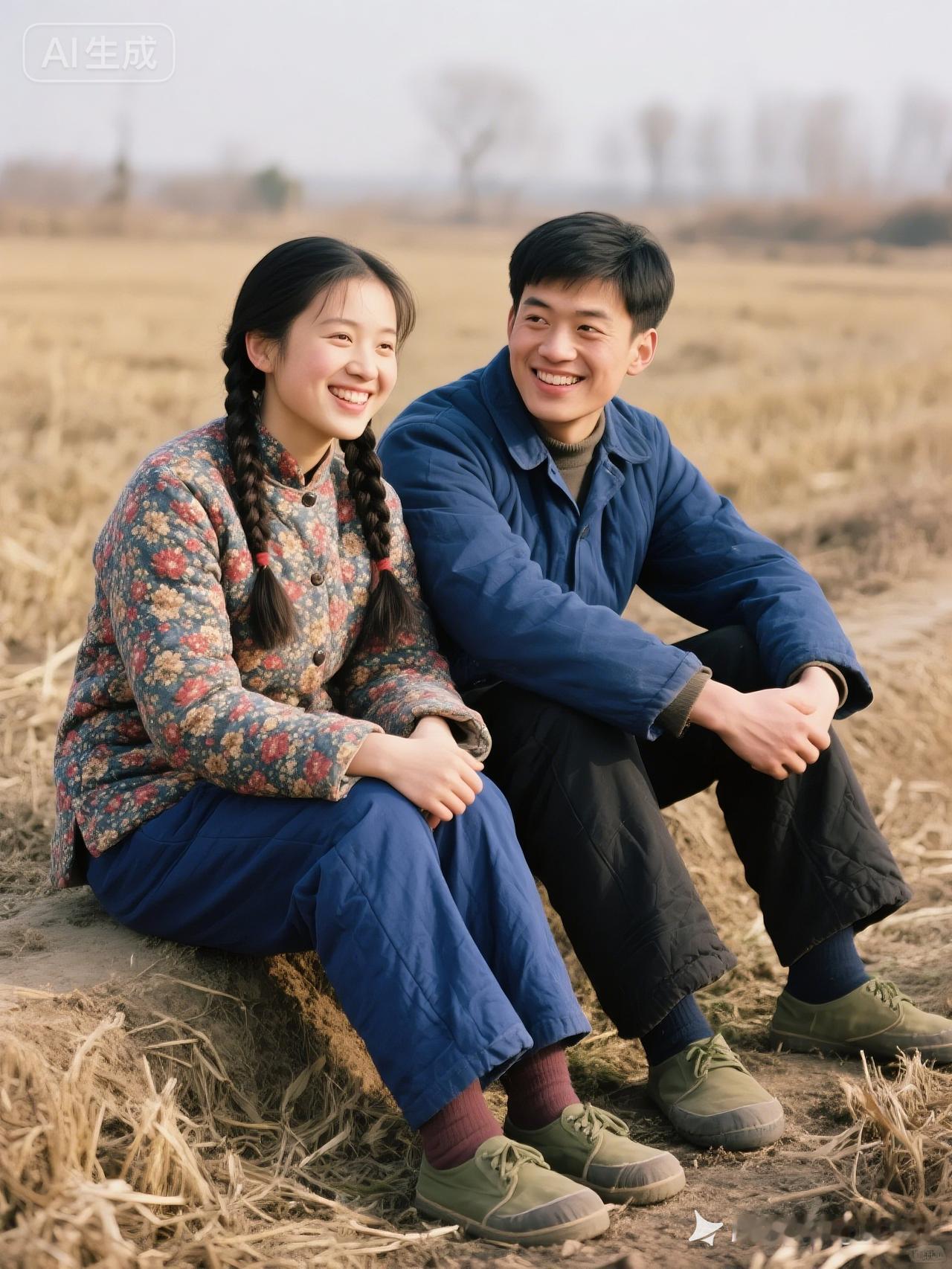 一对情侣在田野里微笑，暖意融融，幸福满满！🌞💕