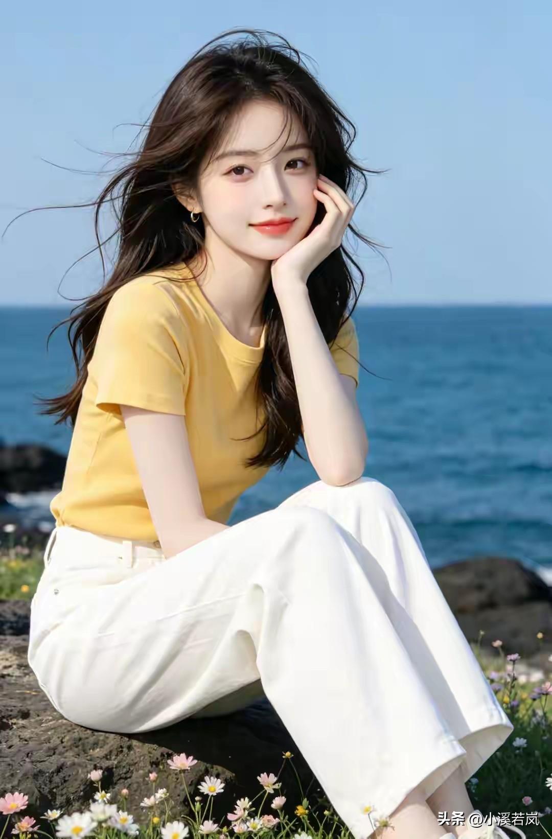 清平乐～题图
文/小溪若岚
水蓝长缓，海畔花盈岸。
素袂黄衫风拂乱，笑靥温柔婉转
