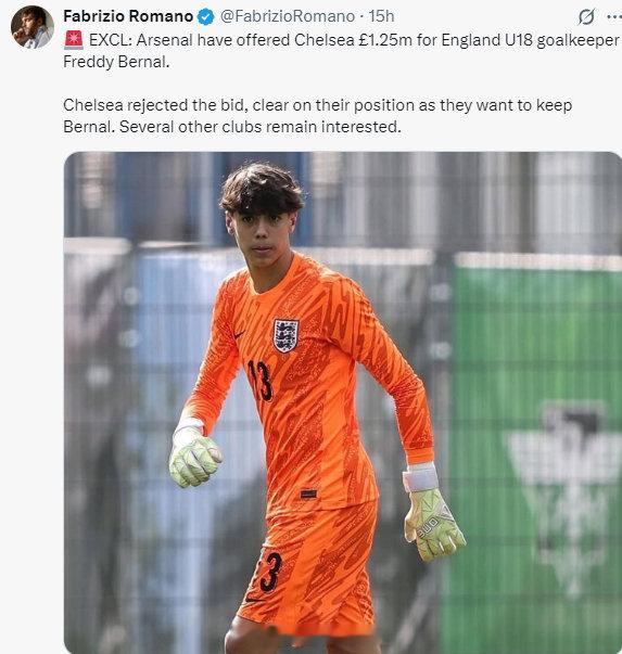 一百多万买个潜力股很正常，给青训队买人储备，阿森纳为英格兰U18门将贝纳尔报价1