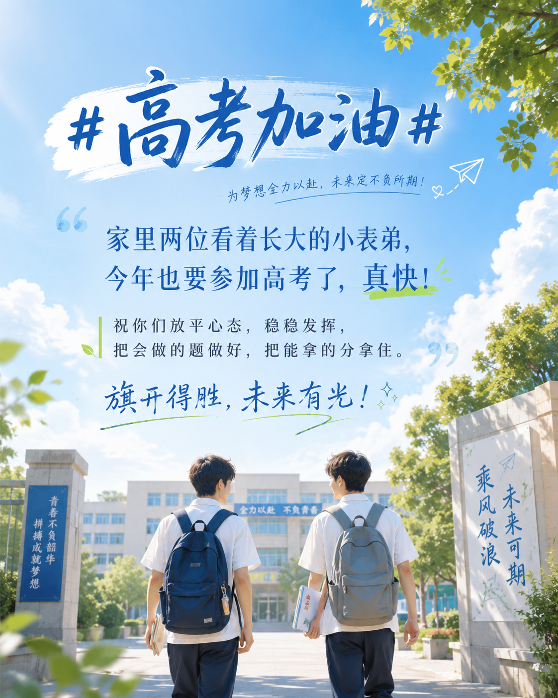 高考加油人生小关口，家里两位看着长大的小表弟，今年也要参加高考了，真快！总觉得他