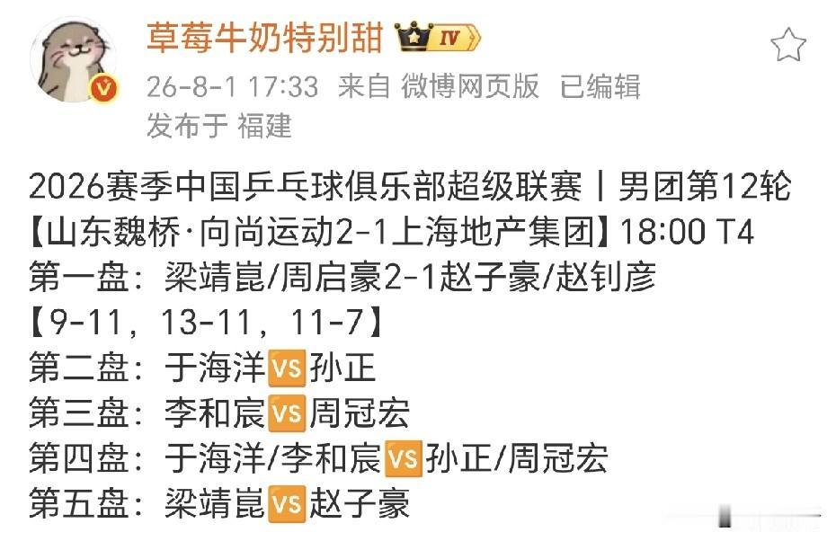 今晚王楚钦、林诗栋都没有上场。
山东魏桥和上海地产已经确定晋级乒超总决赛了，今晚