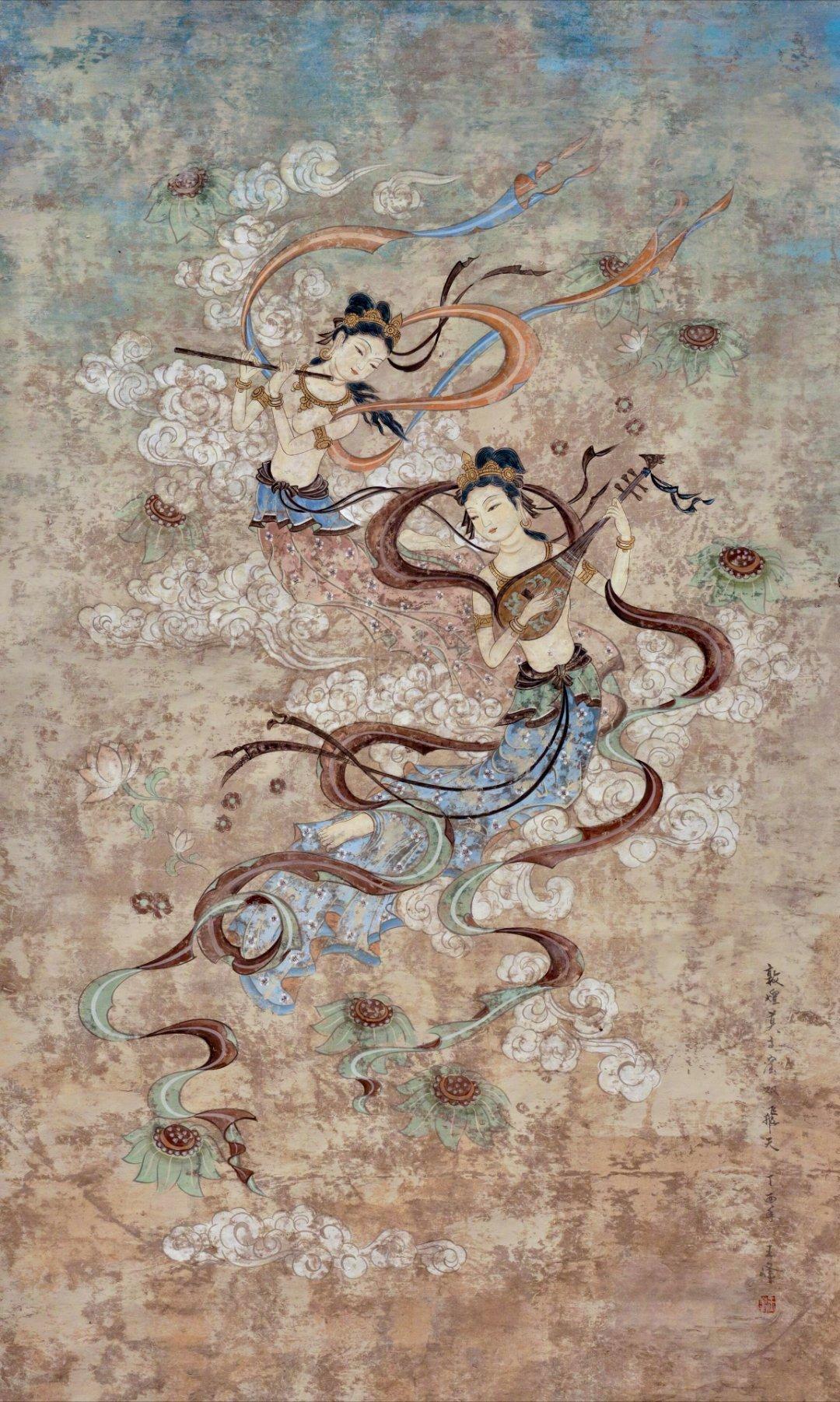 穿越千年的敦煌壁画，一眼沦陷东方仙气
黄沙藏古韵，壁画续风华。
从飘带漫卷、踏云