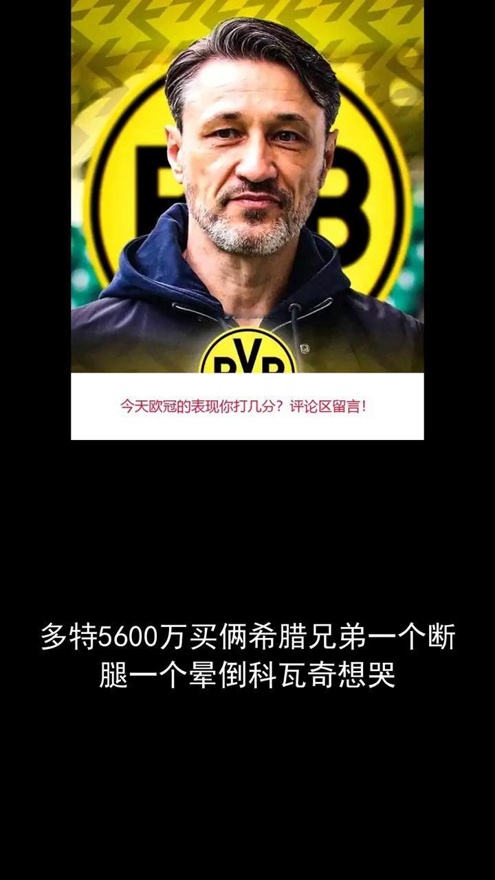 多特5600万买俩希腊兄弟一个断腿一个晕倒，科瓦奇想哭。
今天欧冠的表现你打几分