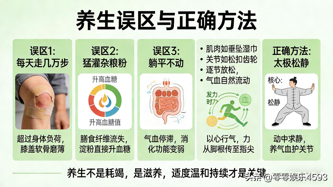 最近发现不少人走进养生误区：要么每天狂飙几万步把膝盖磨坏，要么猛灌杂粮粉把血糖喝