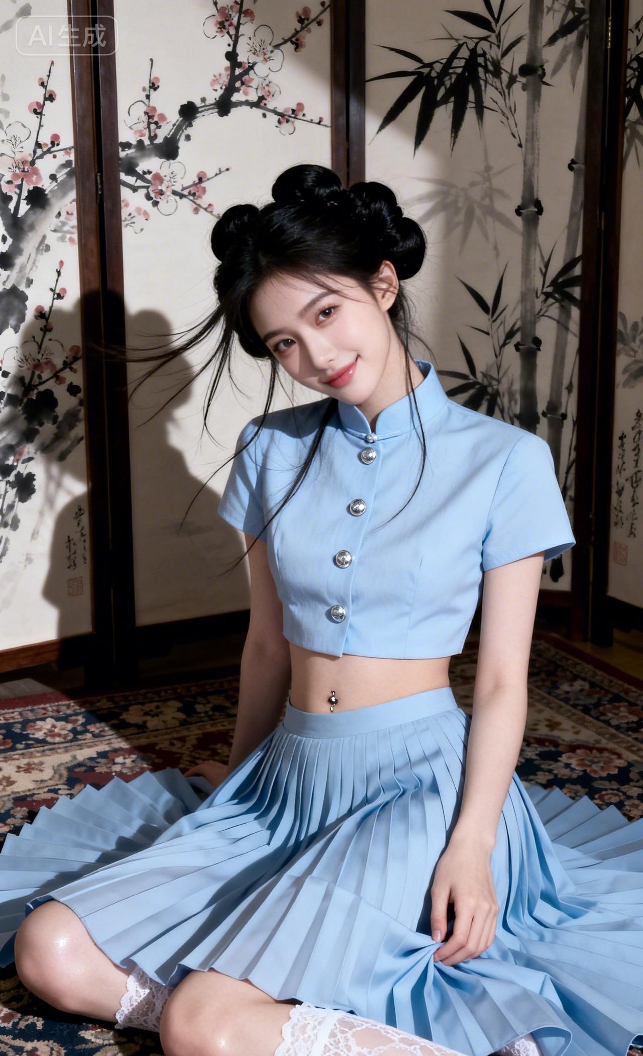 东亚少女盘发碎发轻垂，冷白皮温润瓷白，浅蓝露腰短上衣配百褶长裙，坐于花毯，水墨屏