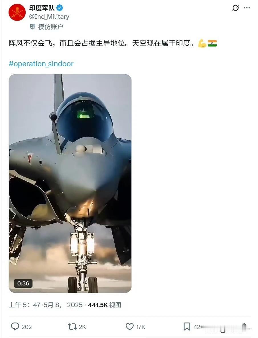 印度博主：“阵风不仅会飞，还将占据主导，天空现在属于印度”。

➤这怕是魔怔了