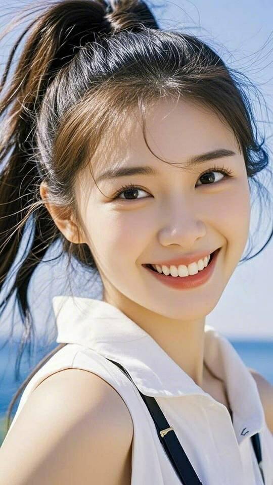 阳光明媚的海边，甜美笑容的她，元气满满的一天！🌞😊