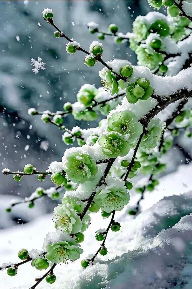 梅雪争春未肯降，
雾凇妖娆琼花样。
相依相守共迎春，
疏影横斜送暗香。