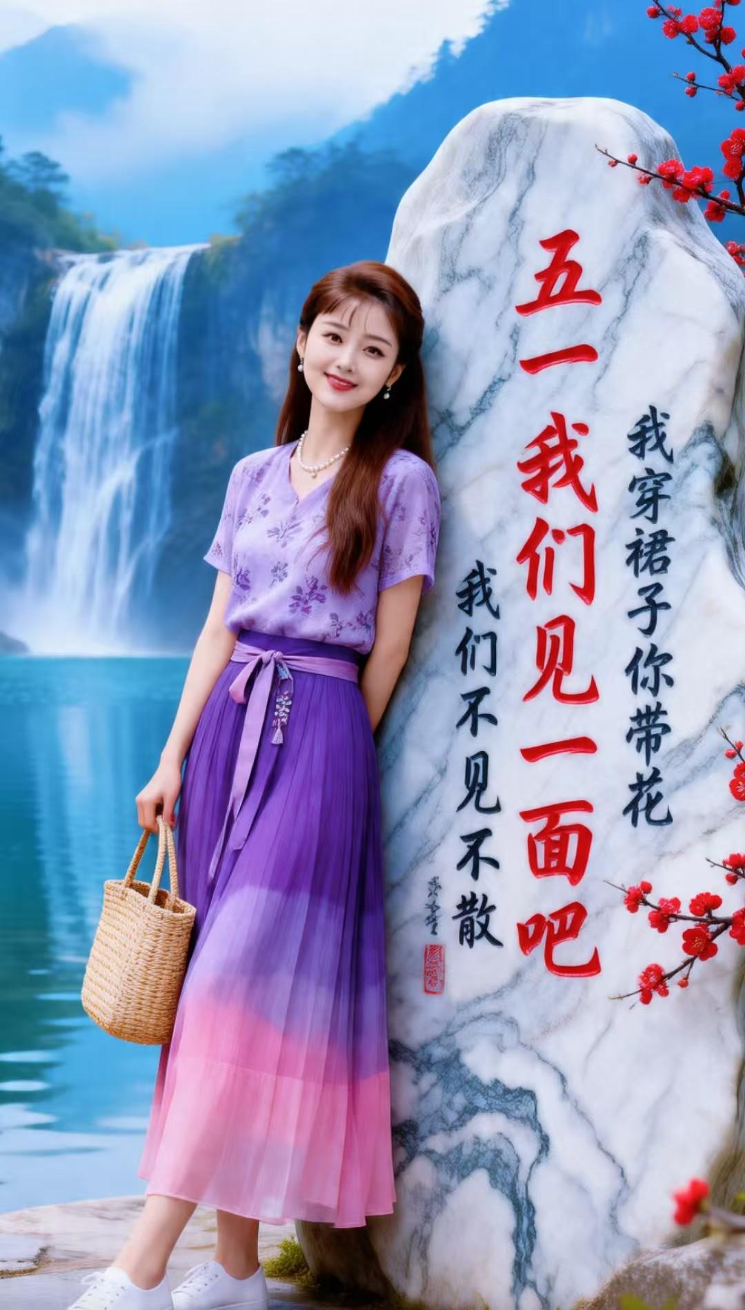 - “已备好紫裙和竹篮，就等你带花赴约啦～”
- “瀑布、花海、新裙子，五一的快