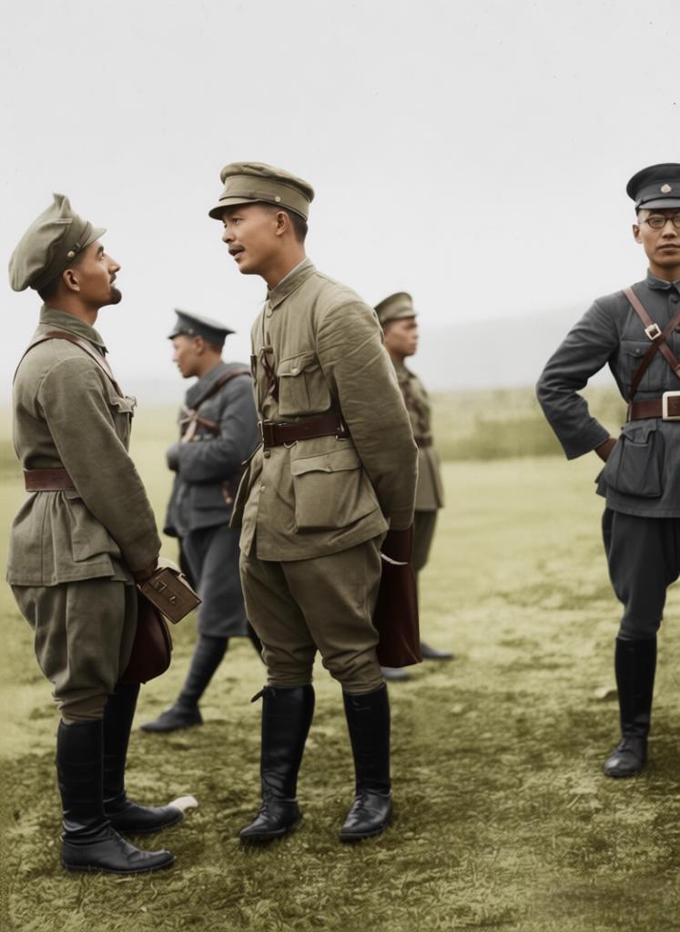 1926年9月，北伐战争中，国民革命军总政治部主任邓演达身着军装，双手背于身后，