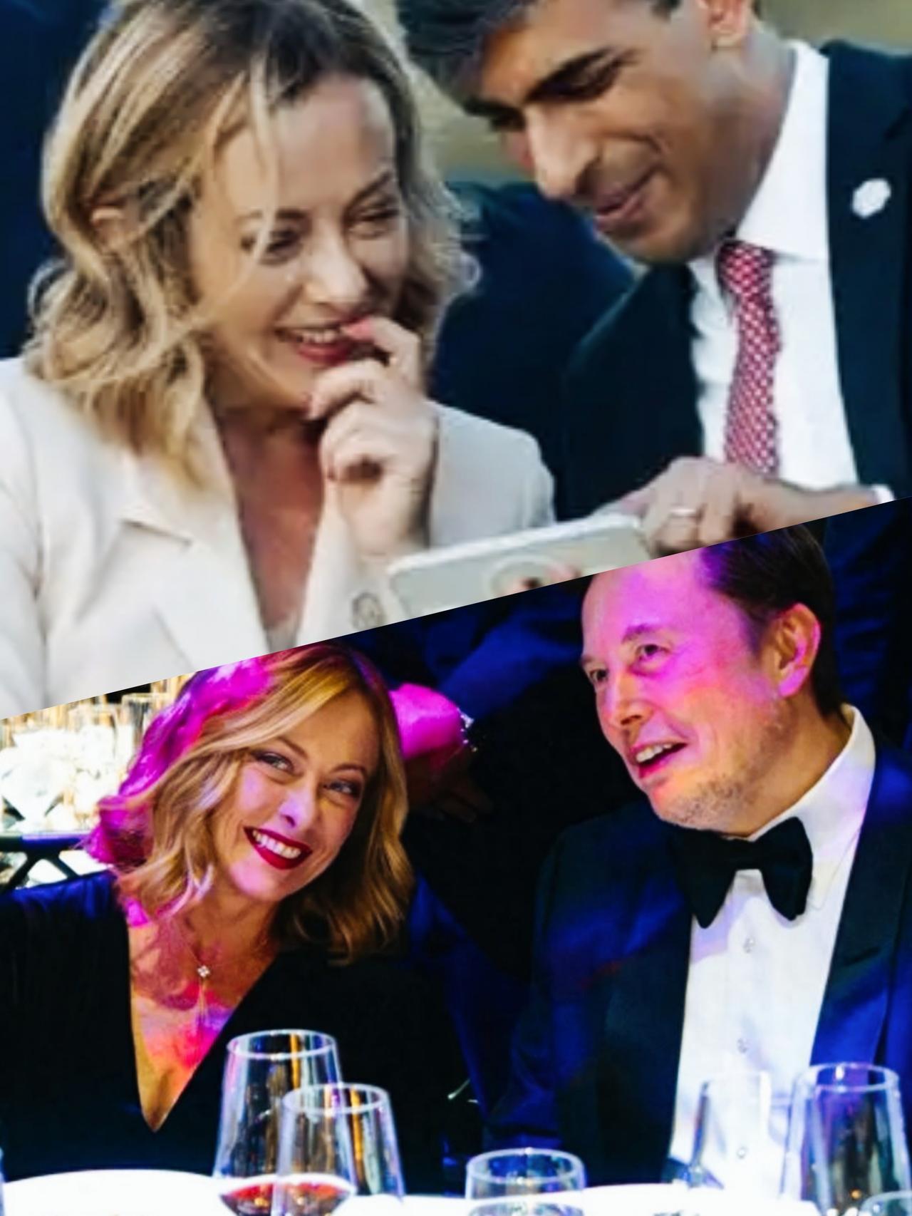 梅洛尼和苏纳克一块看手机时，笑的开心呢？
还是和马斯克一块吃饭时，笑的开心呢？